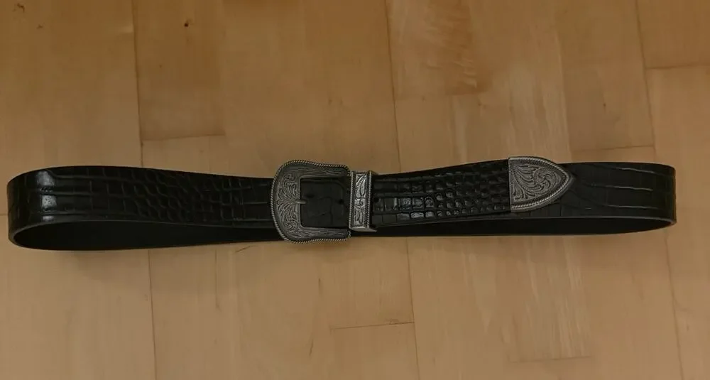 Ralph Lauren BLACK Leather Croc SILVER WESTERN Equestrian belt L
